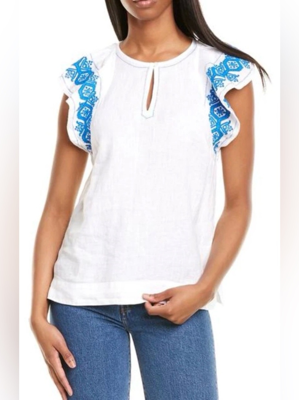 Pre-Loved J. Crew White Blue Floral Embroidered Linen Flutter Sleeve Blouse Sz L